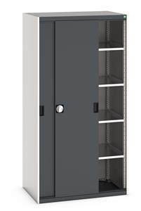 Bott cubio cupboard with lockable sliding doors 2000mm high x 1050mm wide x 650mm deep and supplied with 4 x 100kg capacity shelves.   Ideal for areas with limited space where standard outward opening doors would not be suitable. ... Bott Cubio Sliding Solid Door Cupboards with shelves and drawers 1600mm high option available